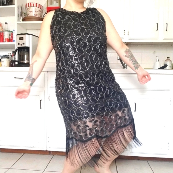 🥂Vintage 12/14, Flapper Sequin Fringe Dress - Picture 2 of 7